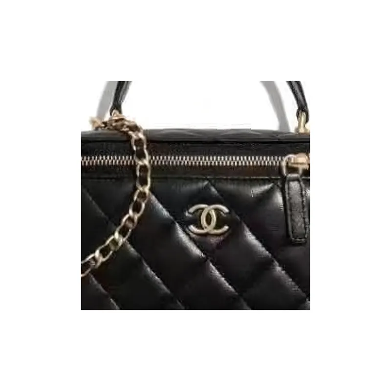 CHANEL Sheepskin Toiletry Bag, Box Bag, Handbag, Shoulder Bag, Crossbody Bag, Mirror Not Included Women's Black-3