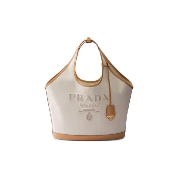 PRADA Linseed With Leather Tote Bag, Shopping Bag, Handbag Large Size Women's Beige & Brown