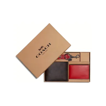 COACH Cow Leather Card Holder Wallet Men's Brown/Red