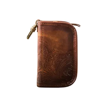 Back Step Top Grain Vegetable Tanned Cow Leather Genuine Leather Key Card Holder Regular Unisex Brown Dark Brown
