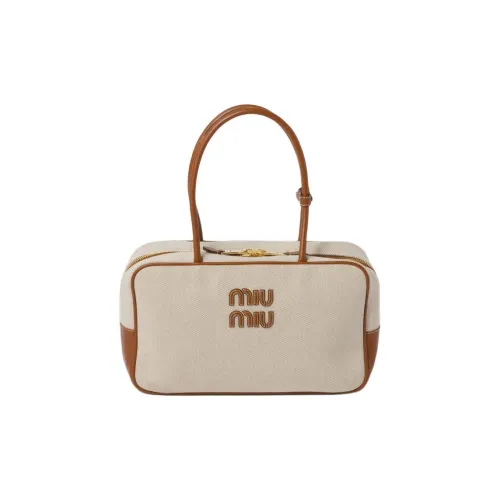MIU MIU Canvas With Leather One Shoulder Handbags Women's Beige & Brandy