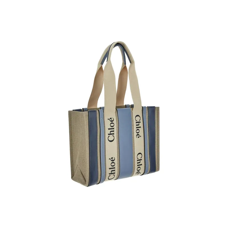 Chloe Linen Tote Bag Shopping Bag Handbag Medium Size Women's Blue-1