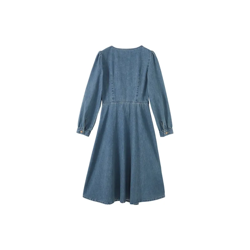 XIANGYING Long Sleeved Dresses Women's Denim Blue-1