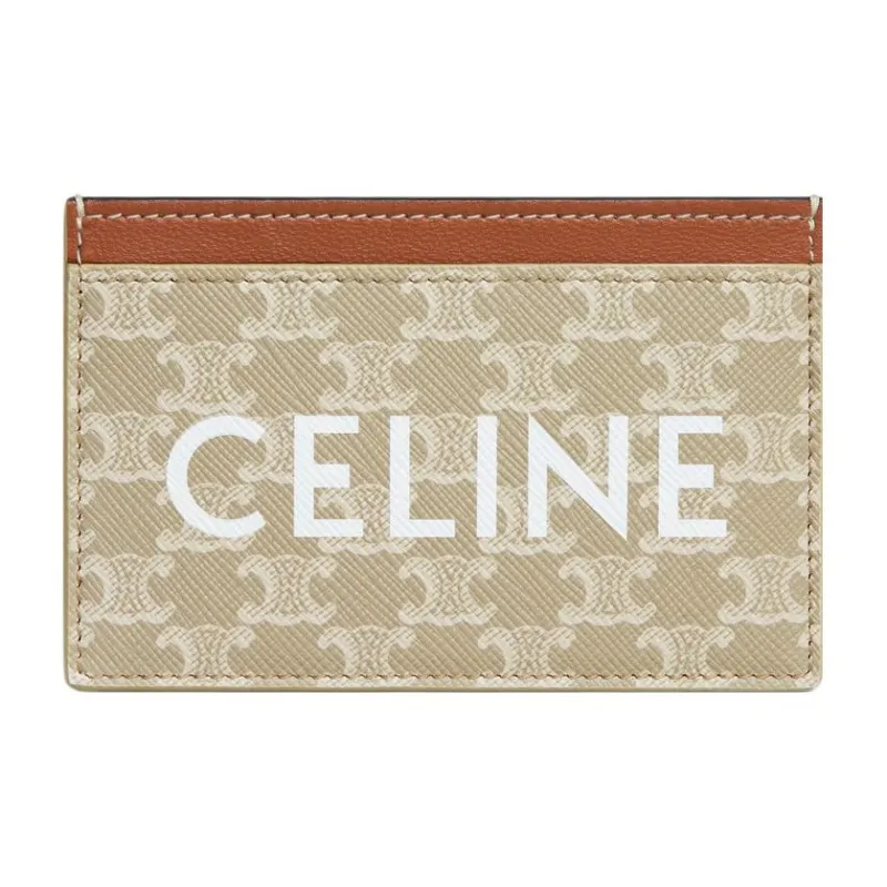 CELINE Triomphe Canvas With Lambskin Card Holder Women's Greige-0