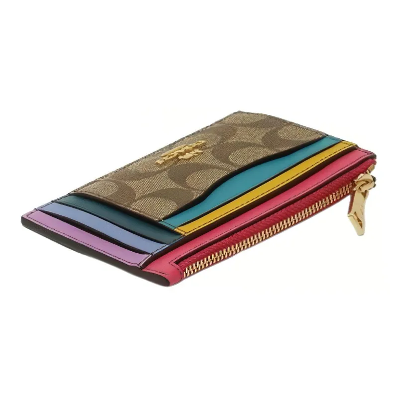 COACH Skinny Id Case Coated Canvas With Leather Key Pouch Card Holder Mini Women's Brown Monogram Multicolor-2