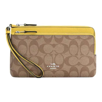 COACH Double Zip Wallet Eggstone Grain Leather Coin Purse Wrist Bag Wallet Women's Silver & Khaki & Vintage Yellow