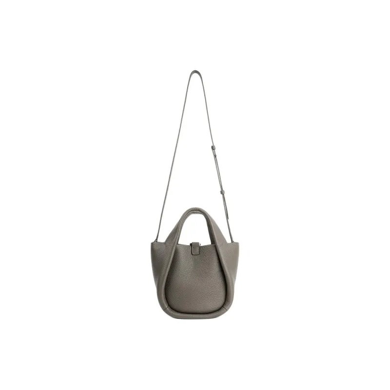 SUREN Litchi Grain Top Grain Cow Leather Basket Bag, Shoulder Bag, Crossbody Bag, Handbag Trumpets Unisex Graphite Gray-3