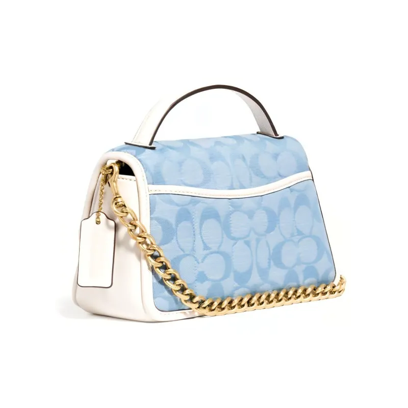 COACH Turnlock Canvas With Leather Flap Bag Handbag, Shoulder Bag, Crossbody Bag Small Size Women's Blue Monogram-1