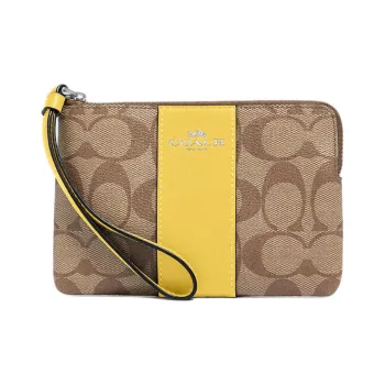 COACH Corner Zip Coated Canvas With Cross Grain Leather Wallet Clutch Mini Women's Silver & Khaki & Vintage Yellow