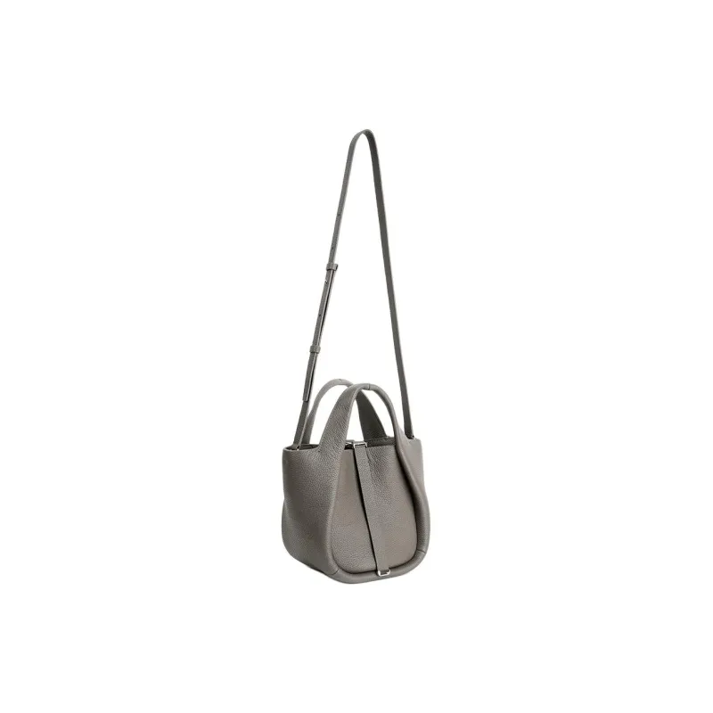 SUREN Litchi Grain Top Grain Cow Leather Basket Bag, Shoulder Bag, Crossbody Bag, Handbag Trumpets Unisex Graphite Gray-1