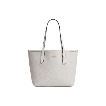 COACH City Canvas With Leather Tote Bag Shopping Bag Handbag Shoulder Bag Women's Gold & Chalk & Glacier White