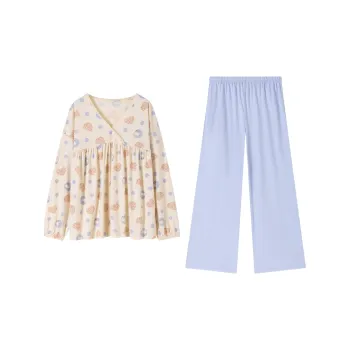 Top Melon Pajama Set Women's Serene Print Color Blocking Blue