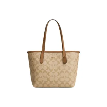COACH City Canvas Tote Bag Shopping Bag Shoulder Bags Women's Light Khaki With Light Saddle Brown