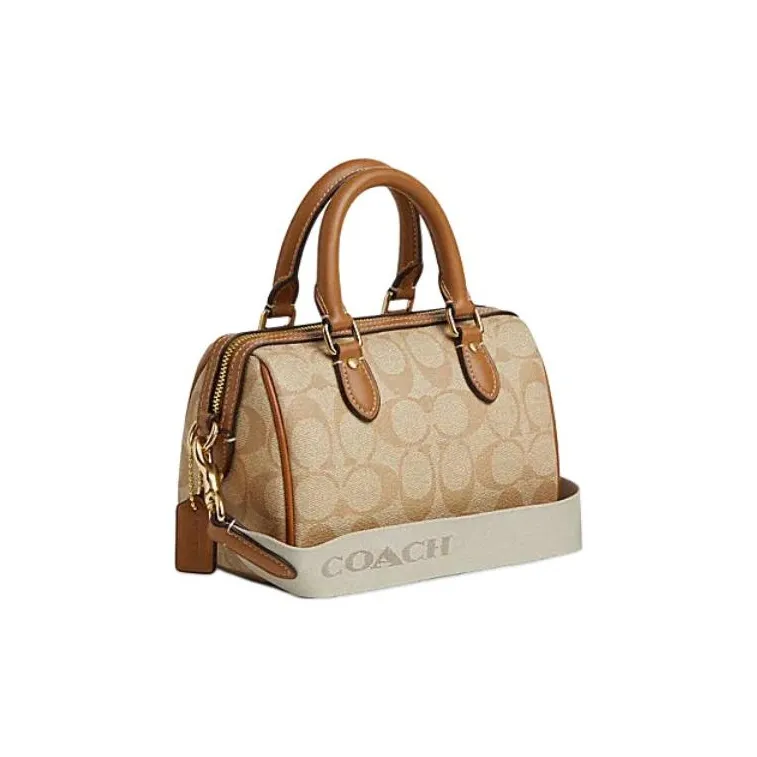 COACH Rowan Canvas With Leather Handbag Shoulder Bag Crossbody Bag Mini Women's Light Khaki & Pink White-1