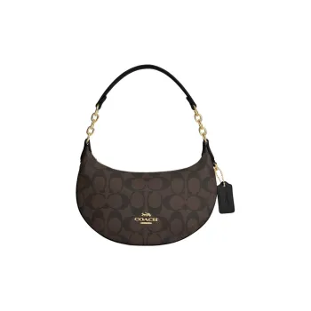 COACH Payton Canvas With Leather One Shoulder Handbags Small Size Women's Gold & Brown Black