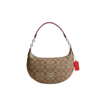 COACH Payton Leather Handbag, Shoulder Bag Large Size Women's Silver & Khaki & Miami Red