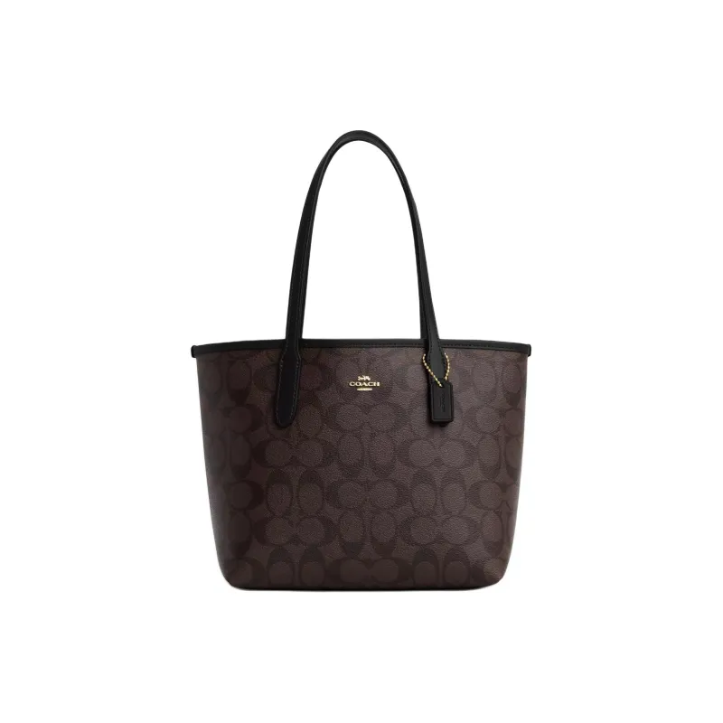 COACH City Leather Tote Bag, Shopping Bag, Shoulder Bag Medium Size Women's Gold & Brown Black-0