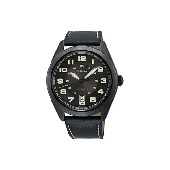 SEIKO Automatic Mechanical Movement Leather Strap Watch Unisex Black Dial