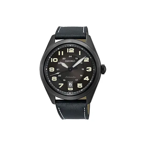 SEIKO Automatic Mechanical Movement Leather Strap Watch Unisex Black Dial