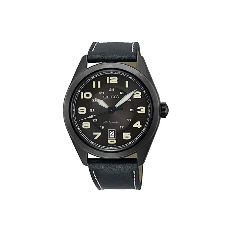 SEIKO Automatic Mechanical Movement Leather Strap Watch Unisex Black Dial-0