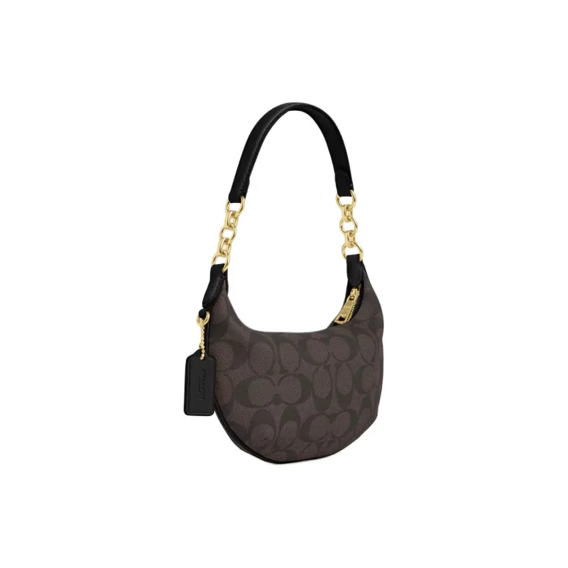 COACH Payton Canvas With Leather One Shoulder Handbags Small Size Women's Gold & Brown Black-1