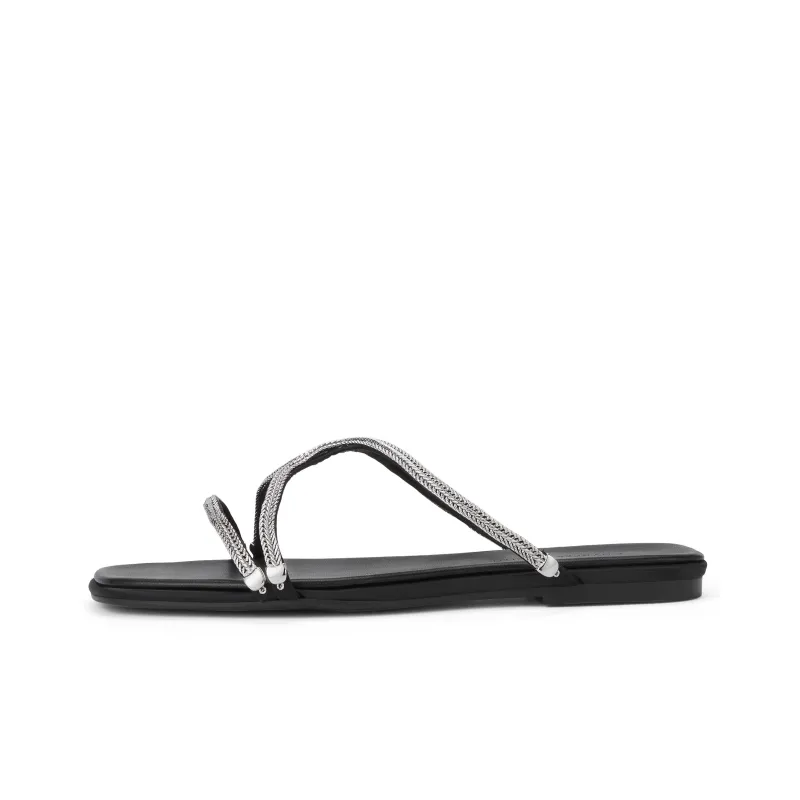 CHARLES&KEITH Small Ck Slide Slippers 0.7cm Women's BLACK TEXTURED/Silver-0