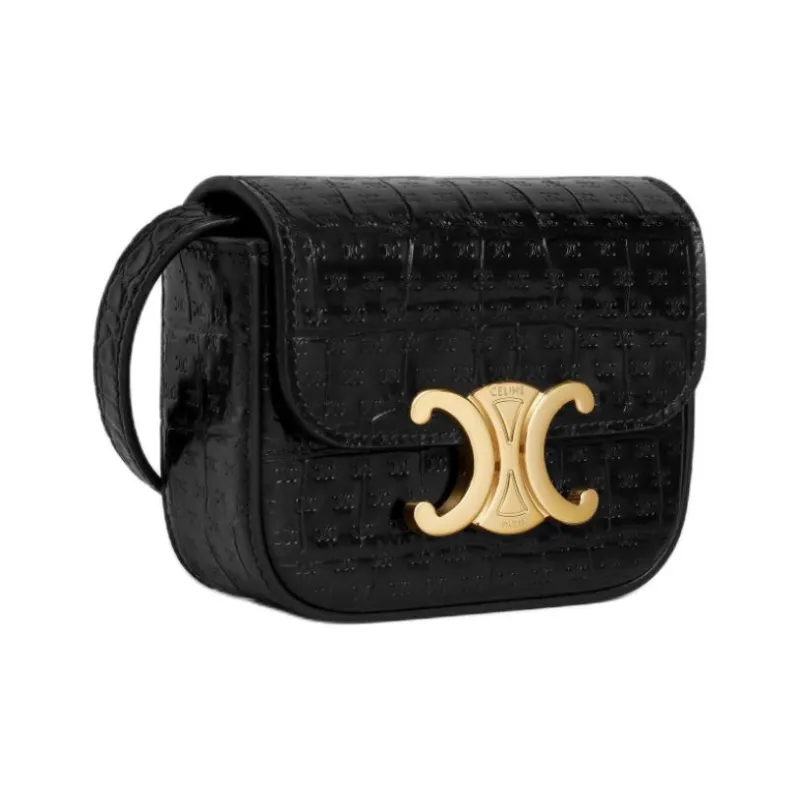 CELINE Embossed Crocodile Pattern Cow Leather Shoulder Bag, Crossbody Bag Mini Women's Black-1