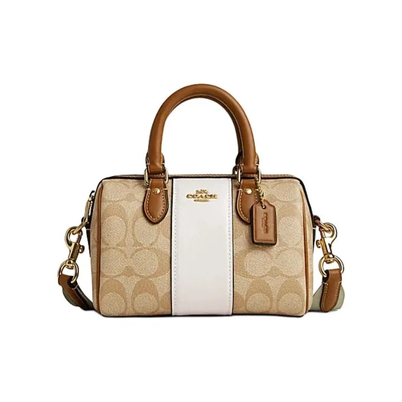 COACH Rowan Canvas With Leather Handbag Shoulder Bag Crossbody Bag Mini Women's Light Khaki & Pink White-0