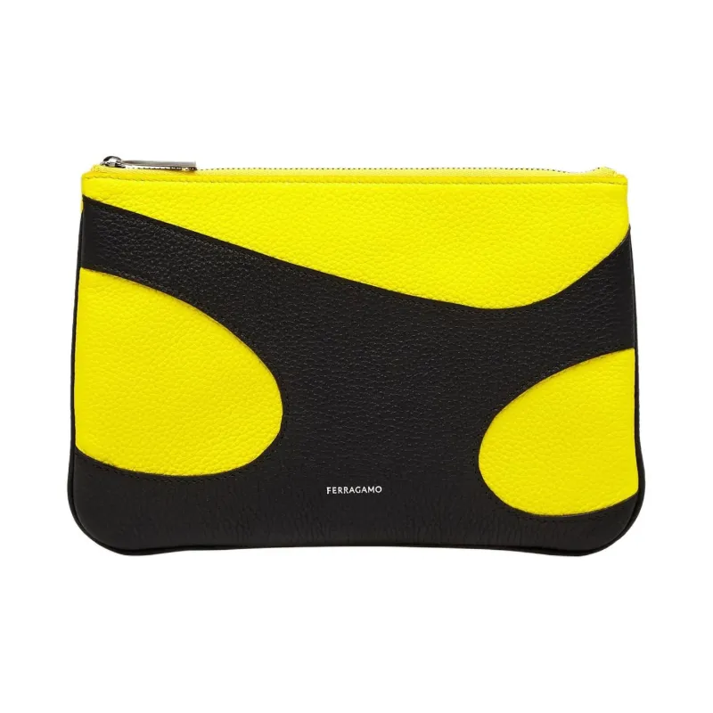 FERRAGAMO Calfskin Clutch Men's Black & Yellow-0