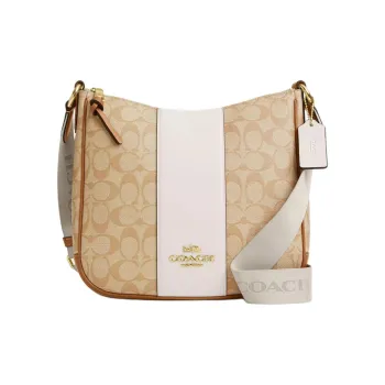 COACH Ellie Canvas With Leather Shoulder Bag, Crossbody Bag Medium Size Women's Light Khaki