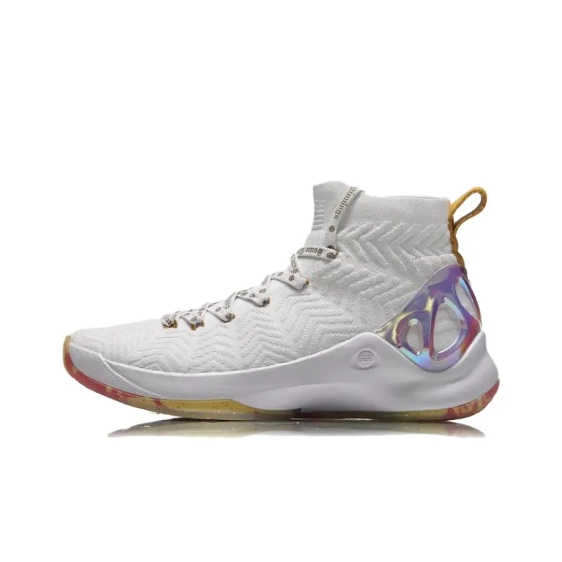 LiNing CF Tracing Amber Heart Non slip Lightweight High Top Vintage Basketball Shoes Men's White-2