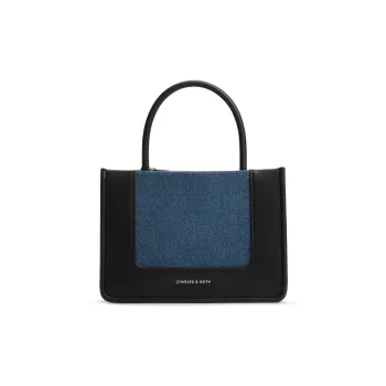 CHARLES&KEITH PU/fabric Shoulder Bag, Crossbody Bag, Handbag Medium Size Women's Dark Denim Blue/Tan Tea Brown