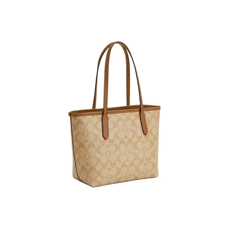 COACH City Coated Canvas Tote Bag, Shopping Bag, Shoulder Bag Trumpets Women's Light Khaki & Light Saddle-1