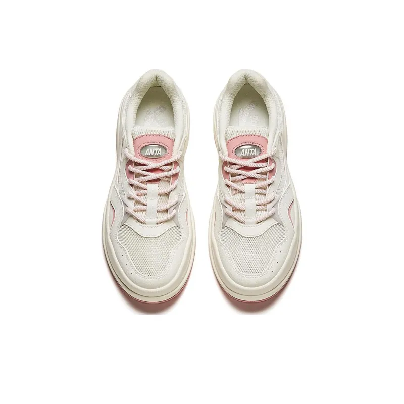 Anta Seaweed Height Increasing Lightweight Low-Top Skateboard Shoes Women's White Pink-2