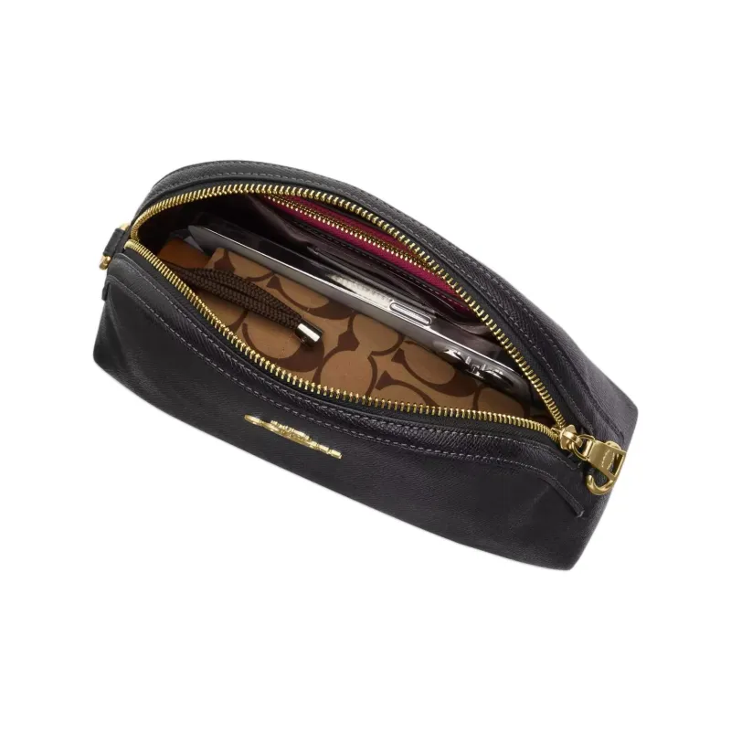 COACH Cross Grain Leather Shoulder Bag, Crossbody Bag Medium Size Women's Gold & Black-2