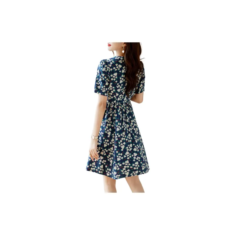 Still Quiet Short Sleeved Dresses Women's Navy Blue-1