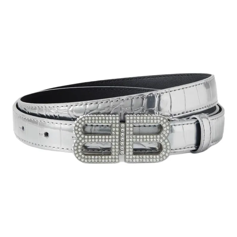Balenciaga Crocodile Pattern Decoration Leather Belts Women's Silver --0
