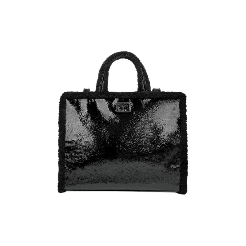 UGG Wrinkled Patent Leather Tote Bag Shopping Bag Shoulder Bag Crossbody Bag Handbag Medium Size Unisex Black-2