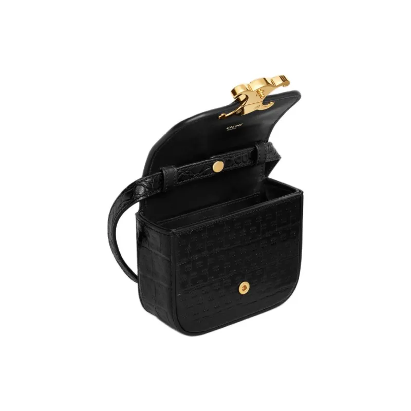 CELINE Embossed Crocodile Pattern Cow Leather Shoulder Bag, Crossbody Bag Mini Women's Black-3