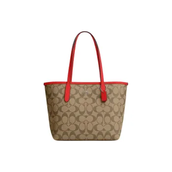 COACH City Canvas With Leather Tote Bag, Shopping Bag, Handbag, Shoulder Bag Women's Silver & Khaki & Miami Red