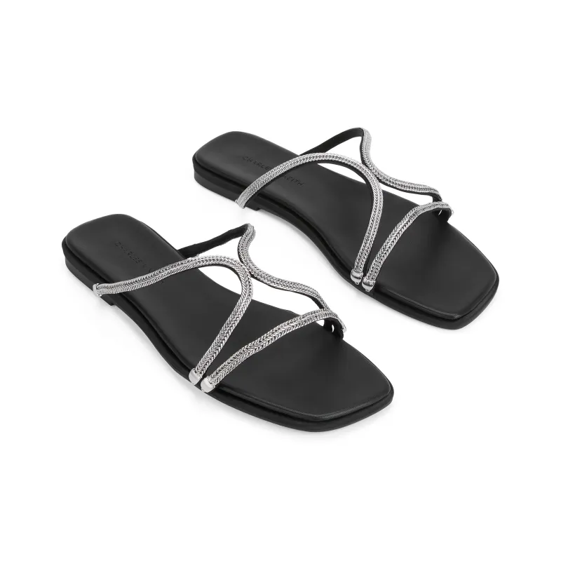 CHARLES&KEITH Small Ck Slide Slippers 0.7cm Women's BLACK TEXTURED/Silver-2