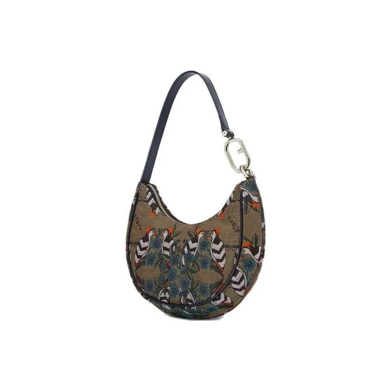 Furla Primavera Fabric Cow Leather Patchwork Handbag Shoulder Bag Women's Gray-2