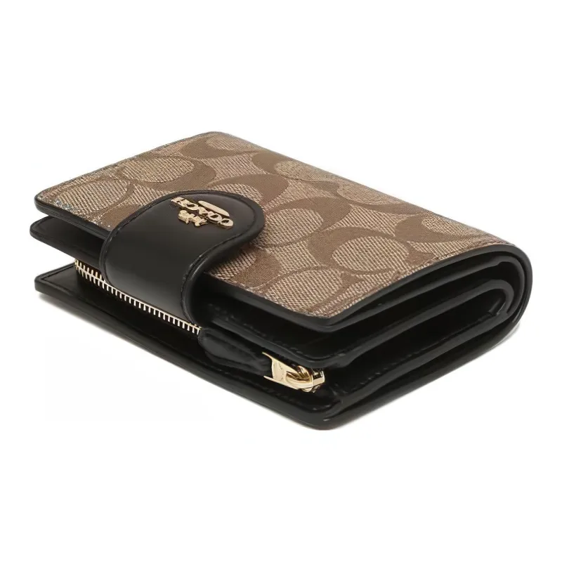 COACH Corner Zip Canvas With Leather Wrist Bag Clutch Mahjong Wallet Women's Brown/Black-2