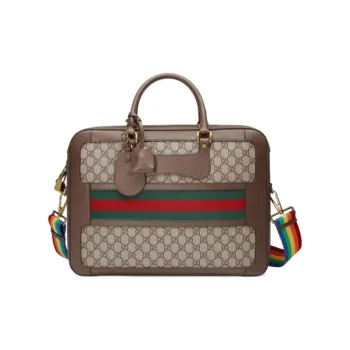 GUCCI Leather Canvas Briefcase Shoulder Bag Crossbody Bag Handbag Men's Ebony Brown