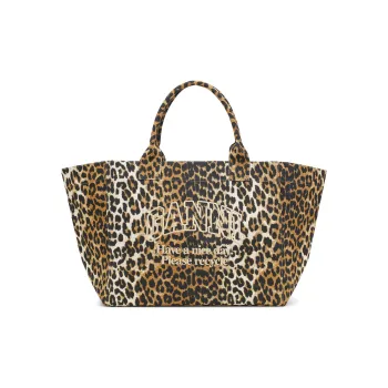 GANNI Recycled Cotton Tote Bag, Shopping Bag, Handbag Extra Large Women's Leopard Print
