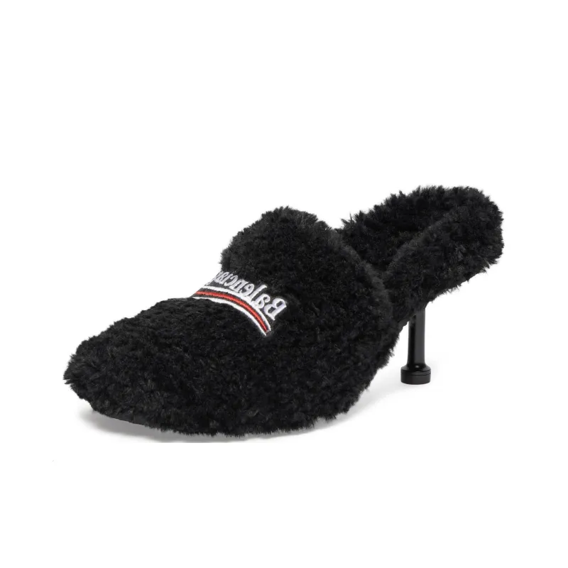 Balenciaga Embroidered-logo Fuzzy Mules-2