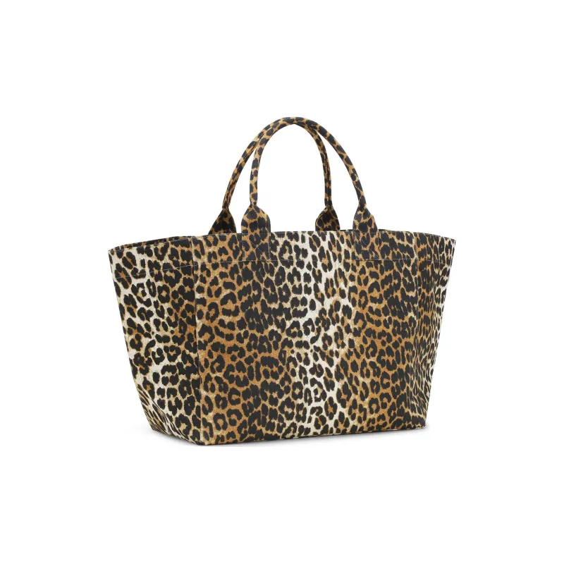 GANNI Recycled Cotton Tote Bag, Shopping Bag, Handbag Extra Large Women's Leopard Print-1
