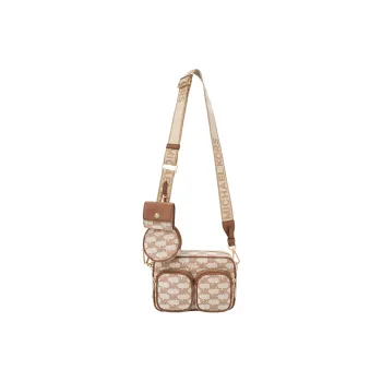 MICHAEL KORS Jet Set Fabric Camera Bag, Shoulder Bag, Crossbody Bag Medium Size Women's Beige & Camel Brown