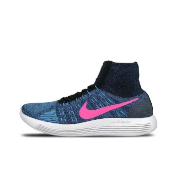 Nike LunarEpic Flyknit Cushioned Wear Resistant Breathable High Top Casual Running Shoes Women's Blue Pink