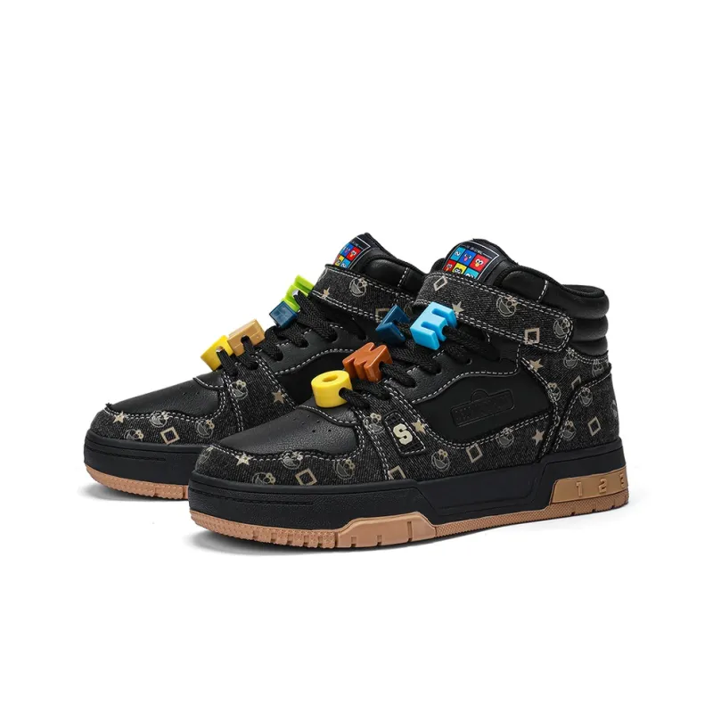 SESAME STREET Skateboard Shoes Unisex High Top Black & White/Denim Blue/Beige Apricot/Black-2